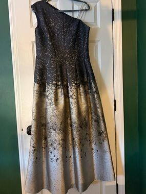 One-Shoulder Navy and Silver Ombre Evening Dress